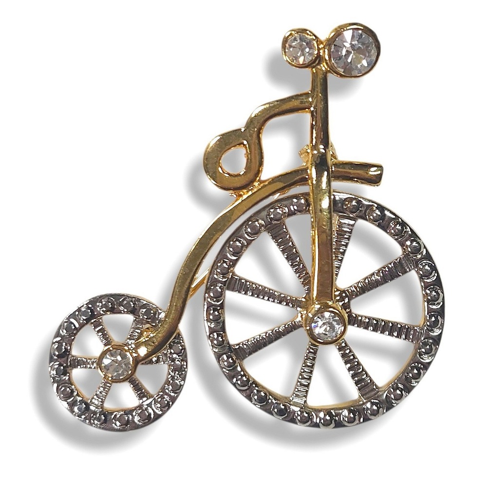 Rhinestone Penny Farthing Bicycle Brooch Moving Wheels Gold Tone Vintage OS - Picture 2 of 5
